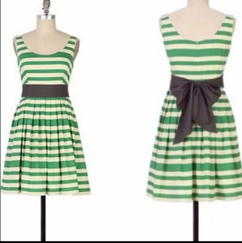 Corey Lynn Calter Green and White Striped Midi Dress with Black Waist Bow